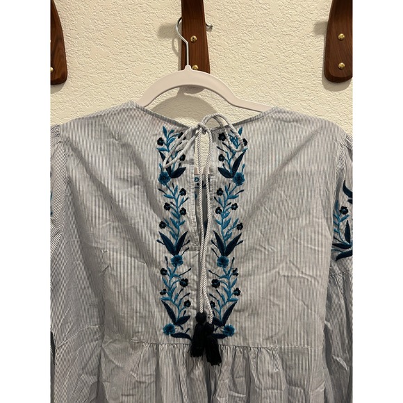 Zara Kaftan Top Womens M Stripe‎ Cotton Boho Gypsy Tassel Embroidered Blue NWT - Picture 14 of 16